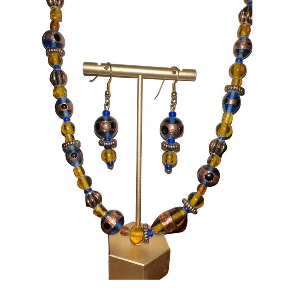 Vintage Murano Glass Bead Necklace & Earring Set - 55" Flapper Long Strand